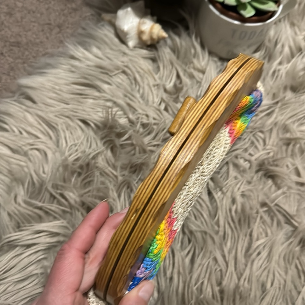 Vintage Woven Clutch-Made in Hong Kong-Wooden Top Closure-Rainbow Exterior - Picture 10 of 17